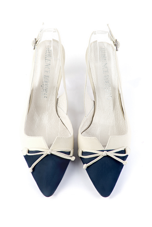 Navy blue and off white women's open back shoes, with a knot. Tapered toe. Medium spool heels. Top view - Florence KOOIJMAN